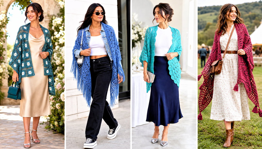 20 Square Crochet Shawl Outfit Ideas for Light Layers