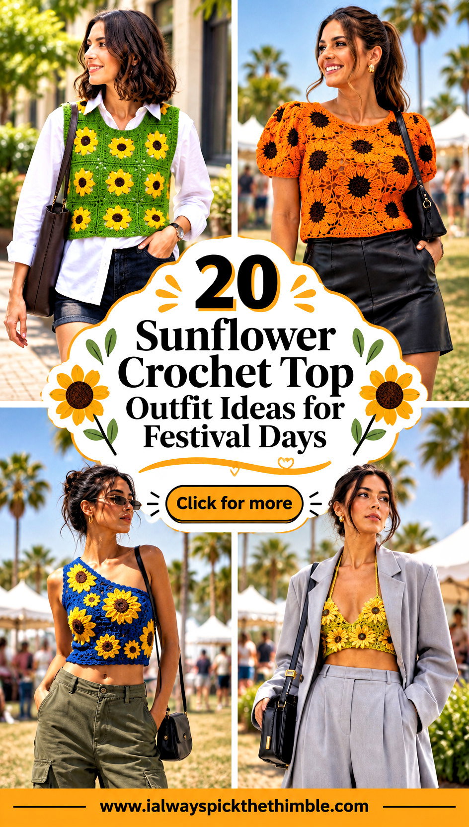 20 Sunflower Crochet Top Outfit Ideas for Festival Days - 20 Sunflower Crochet Top Outfit Ideas for Festival Days