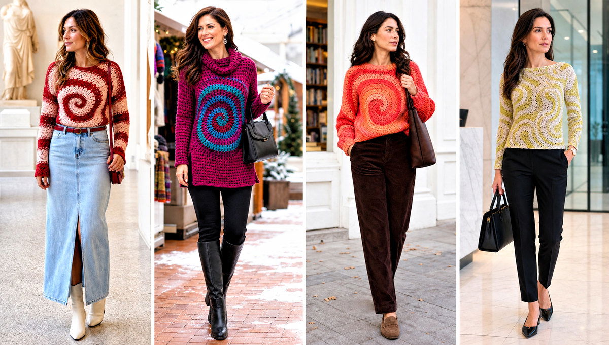 20 Swirl Crochet Sweater Outfit Ideas for Playful Color