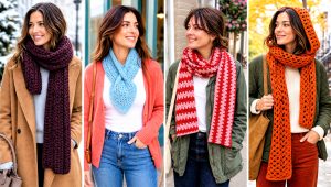 20 V Stitch Crochet Scarf Outfit Ideas for Textured Layers