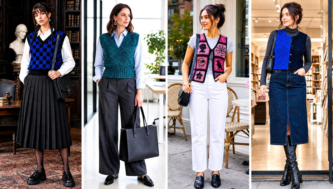 20 Wednesday Crochet Vest Outfit Ideas for Dark Academia
