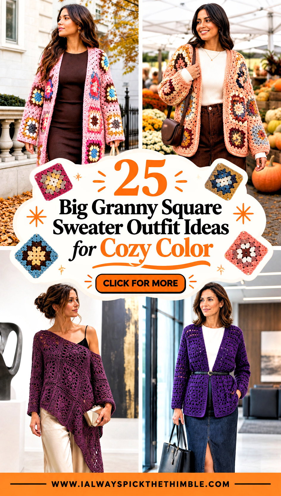 25 Big Granny Square Sweater Outfit Ideas for Cozy Color - 25 Big Granny Square Sweater Outfit Ideas for Cozy Color