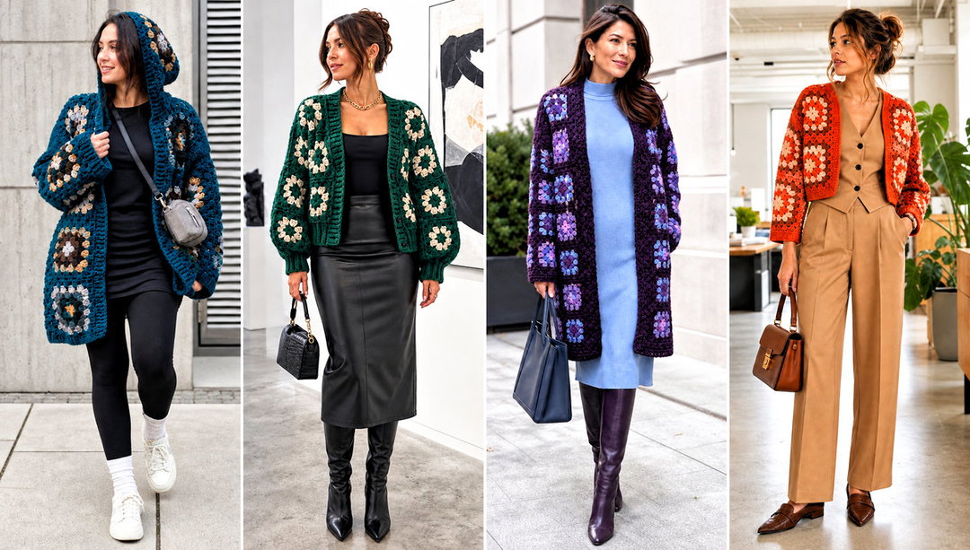 25 Chunky Granny Square Cardigan Outfit Ideas for Cool Days
