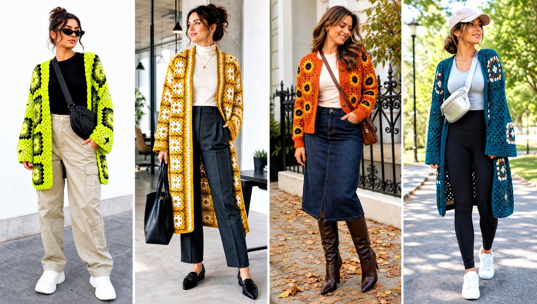 25 Crochet Granny Square Cardigan Outfit Ideas to Mix Colors