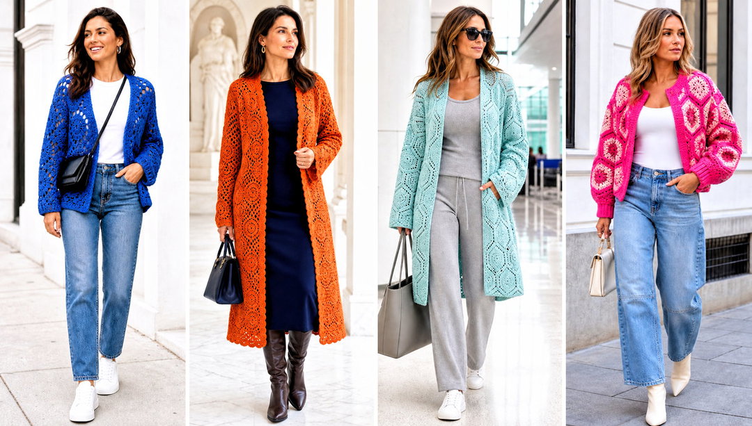 25 Crochet Hexagon Cardigan Outfit Ideas for Denim Days