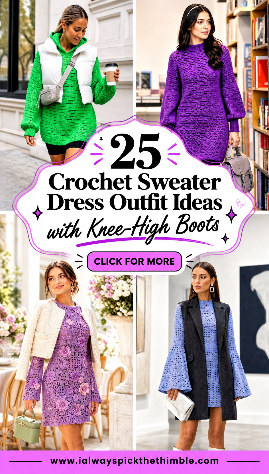 25 Crochet Sweater Dress Outfit Ideas with Knee-High Boots - 25 Crochet Sweater Dress Outfit Ideas with Knee-High Boots