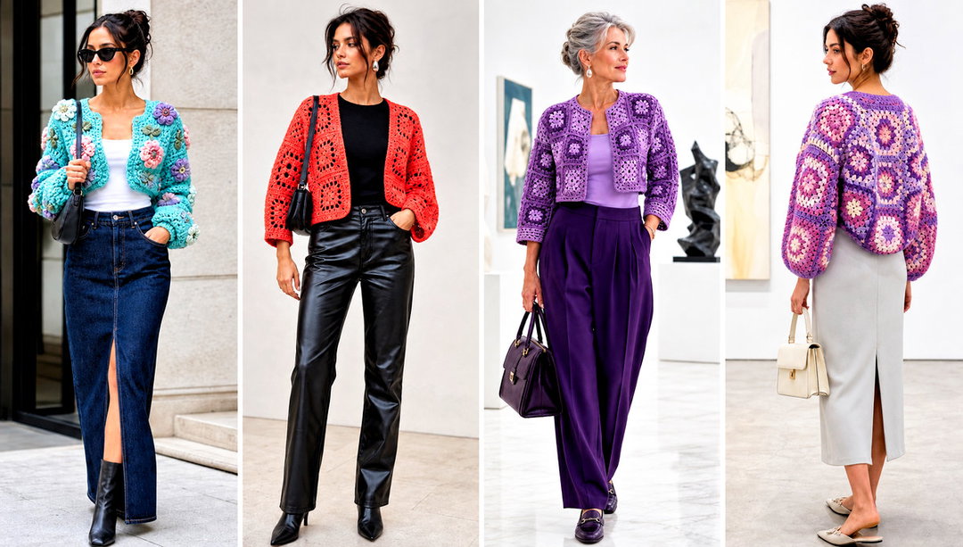 25 Granny Square Bolero Outfit Ideas over Simple Dresses