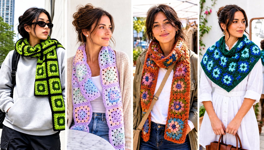 25 Granny Square Crochet Scarf Outfit Ideas for Fall