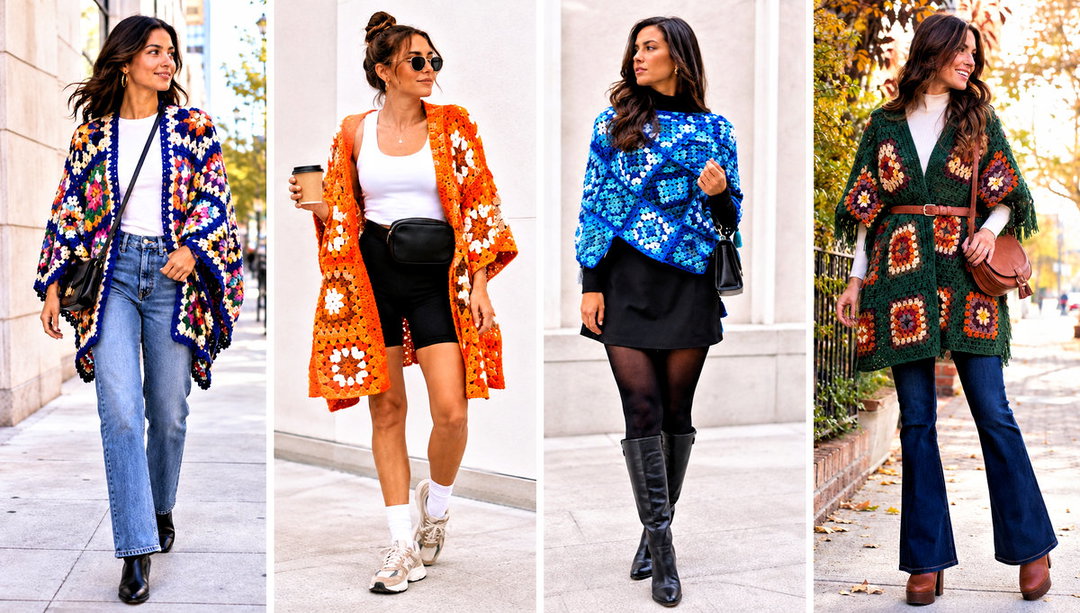 25 Granny Square Poncho Outfit Ideas for Breezy Evenings