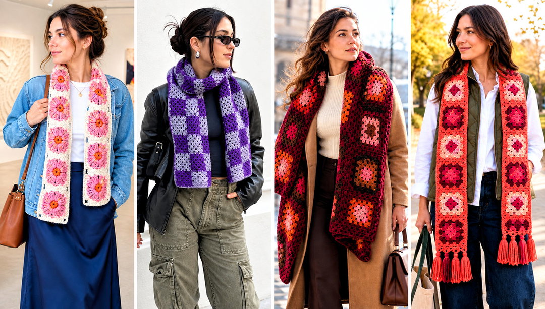 25 Granny Square Scarf Outfit Ideas for Cold Weather