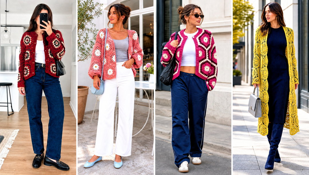 25 Hexagon Granny Square Cardigan Outfit Ideas for Fall