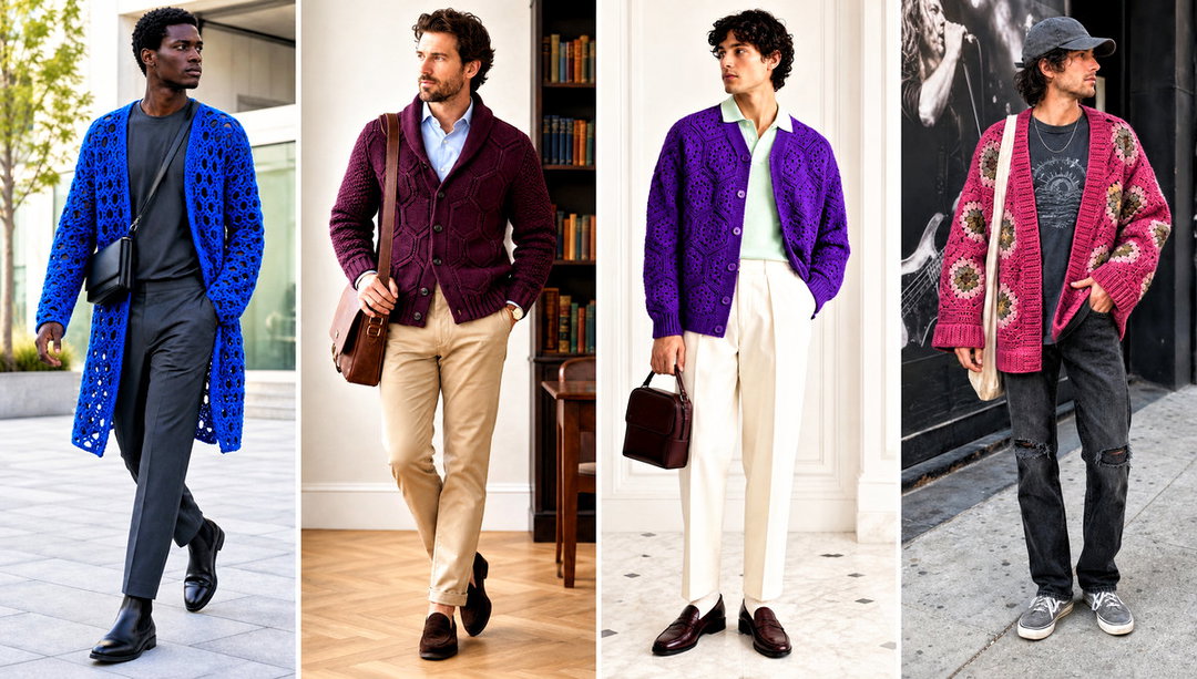 25 Mens Hexagon Crochet Cardigan Outfit Ideas for Spring