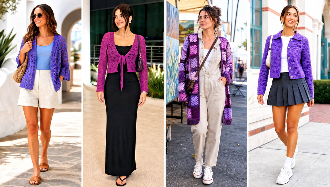 25 Purple Crochet Cardigan Outfit Ideas for Soft Layers