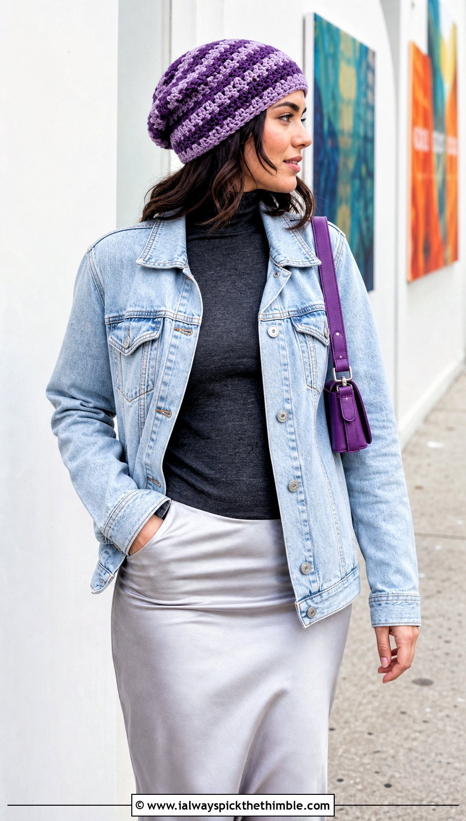 3 Weight Yarn Striped Slouchy Crochet Beanie With Denim Jacket And Midi Skirt - 20 3 Weight Yarn Crochet Beanie outfit ideas