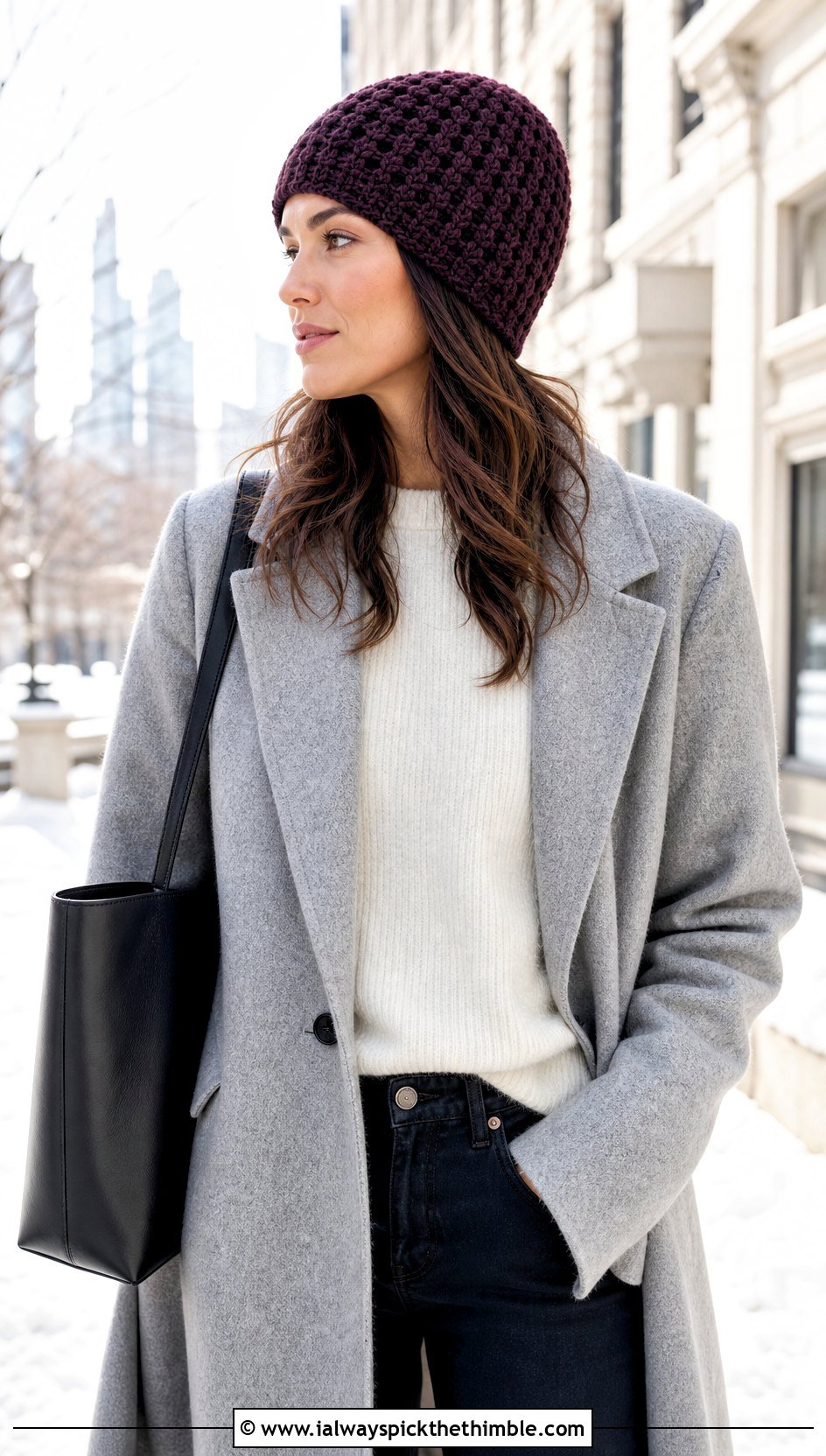 3 Weight Yarn Waffle Stitch Crochet Beanie With Wool Coat And Straight Jeans - 20 3 Weight Yarn Crochet Beanie outfit ideas