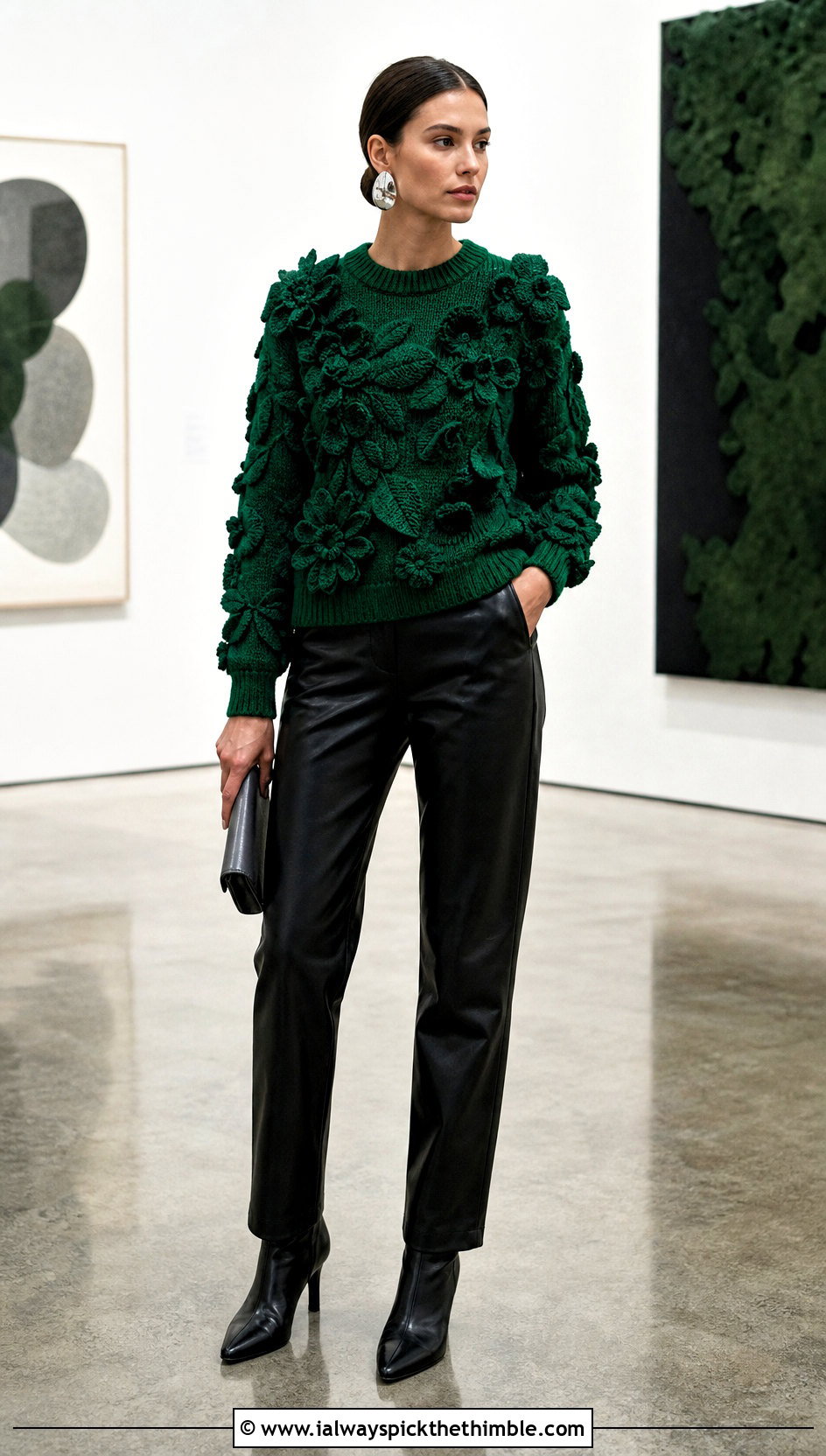 3D Botanical Flower Sweater With Leather Pants - 20 crochet flowers on sweater outfit ideas