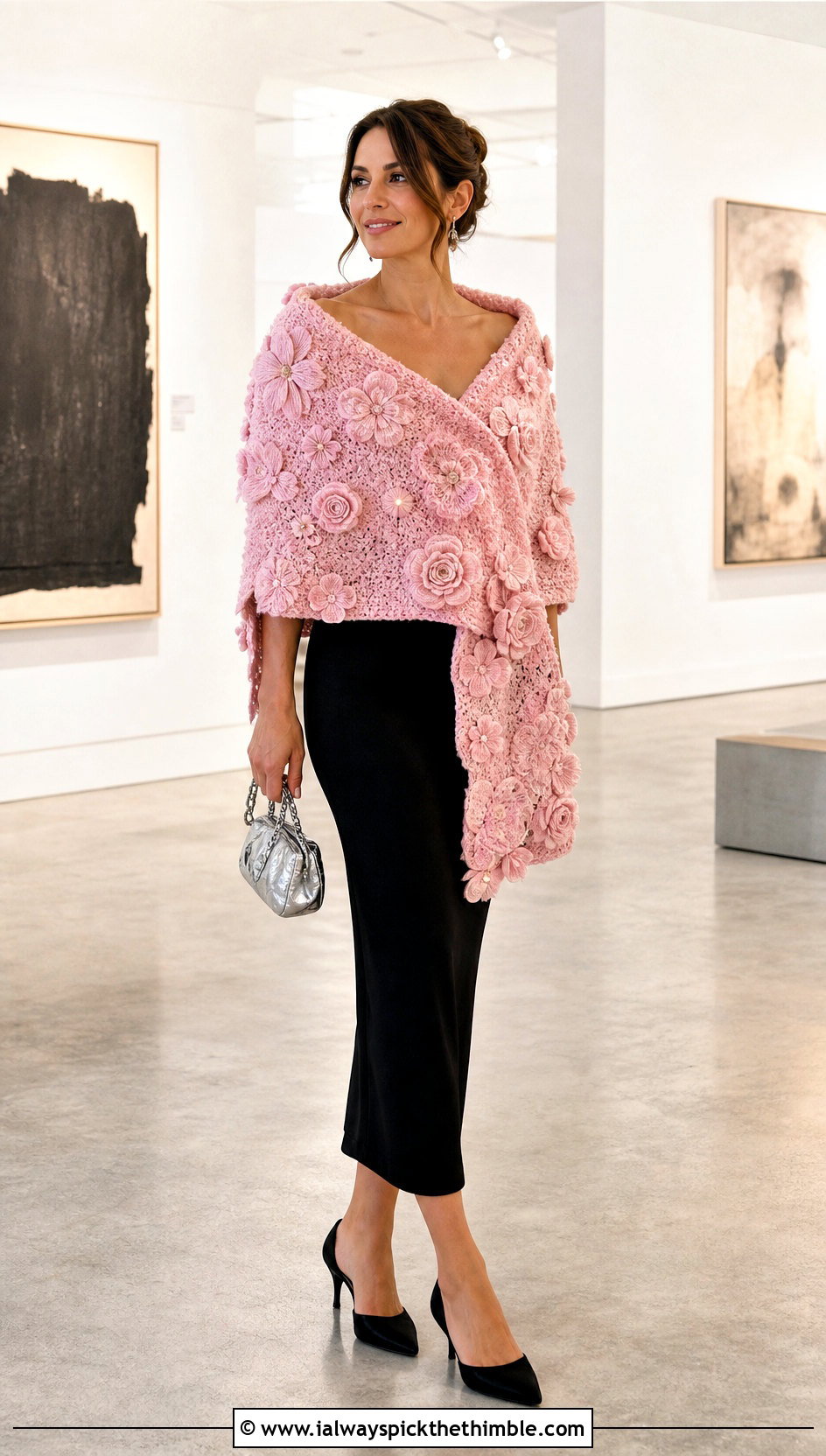 3D Floral Applique Wrap Shawl With A Black Dress - 15 Crochet Floral Shawl outfit ideas