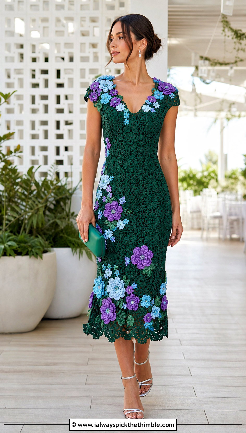 3D Floral Crochet Dress With Minimal Sandals - 25 easy crochet dress outfit ideas