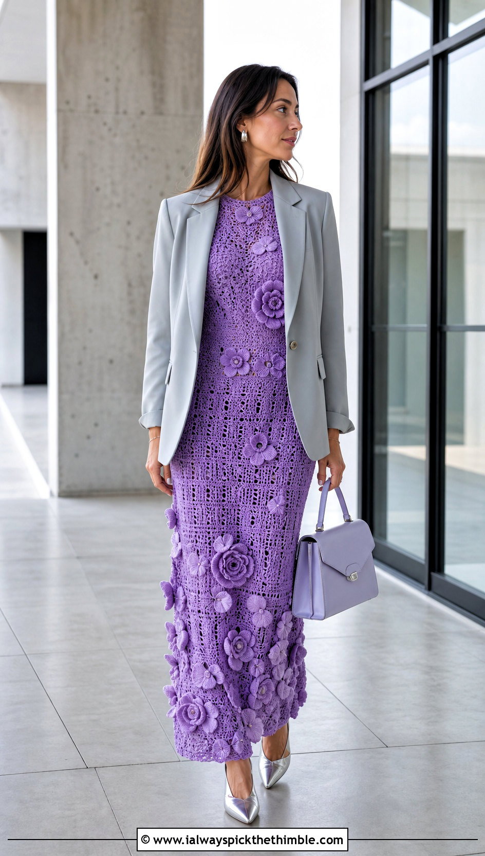 3D Floral Crochet Maxi Dress With Tailored Blazer - 15 floral crochet maxi dress outfit ideas