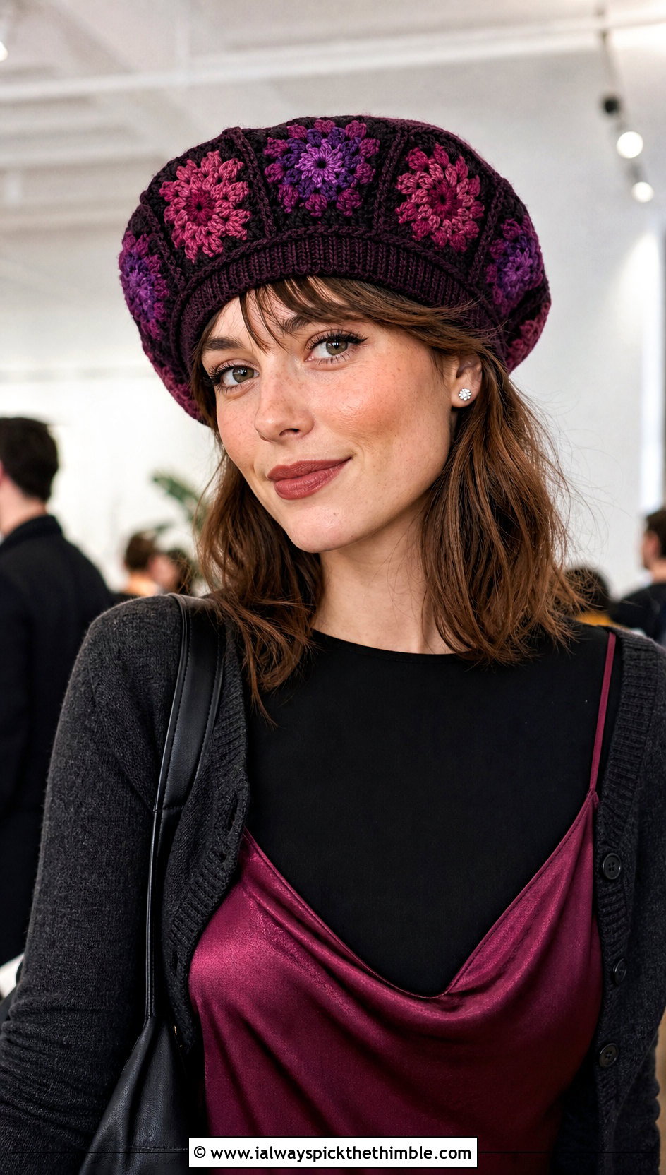 3D Floral Granny Square Beret With Slip Dress - 20 Granny Square Beret outfit ideas