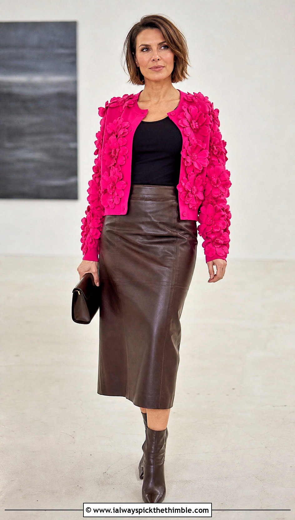 3D Flower Applique Cardigan With Leather Midi Skirt - 20 Flower Crochet Cardigan outfit ideas