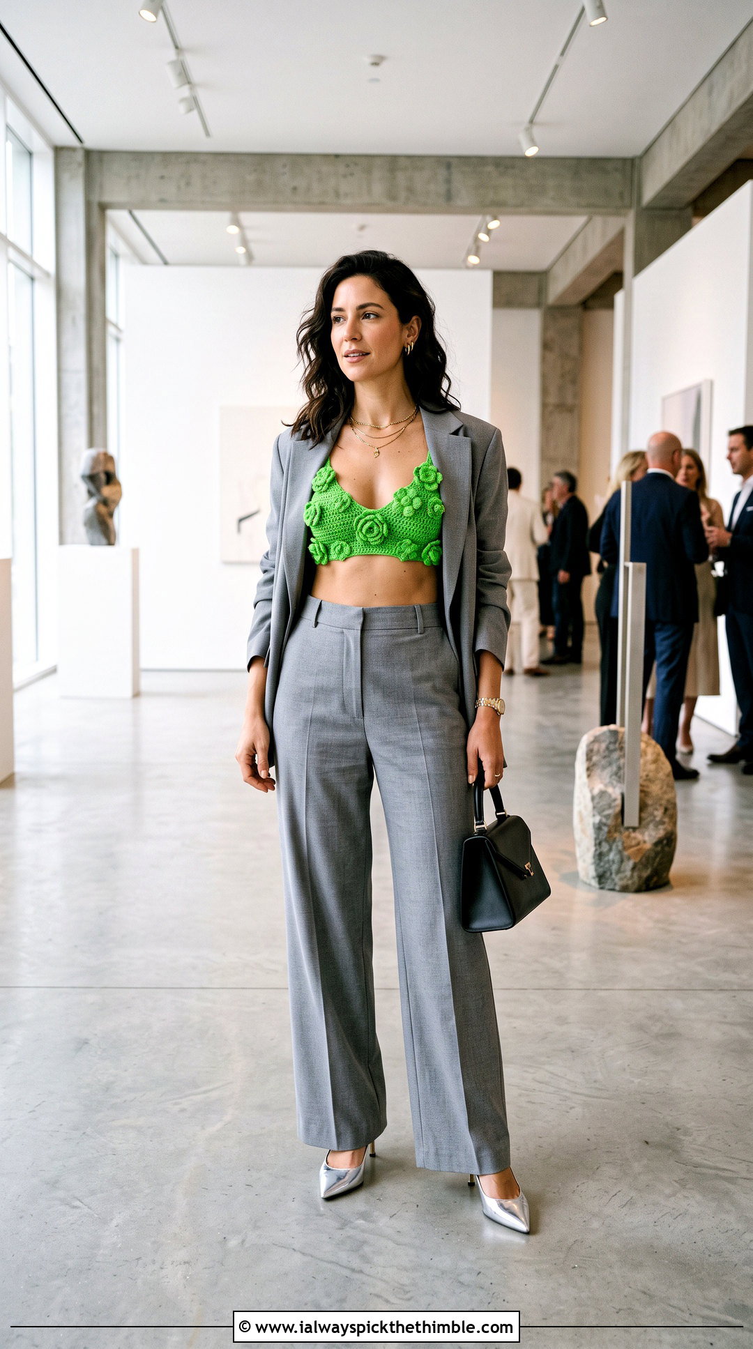 3D Flower Applique Crochet Bralette With Tailored Suit - 15 crochet bralette with floral design outfit ideas