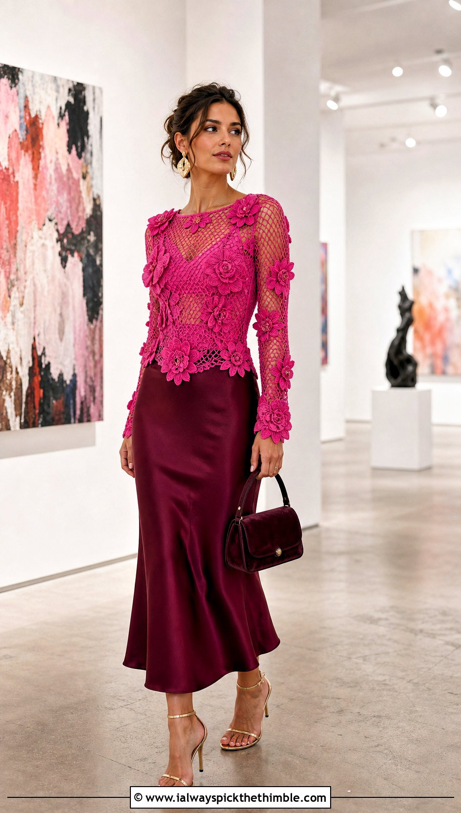 3D Flower Applique Mesh Crochet Top With Satin Skirt - 20 mesh flower crochet top outfit ideas