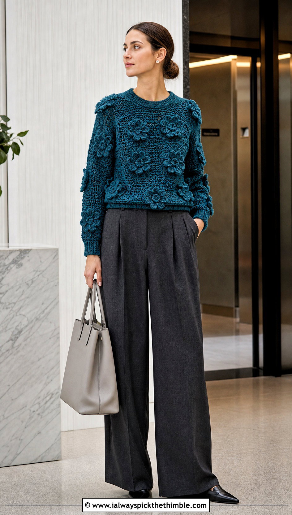 3D Flower Applique Sweater With Tailored Trousers - 15 floral crochet sweater style outfit ideas