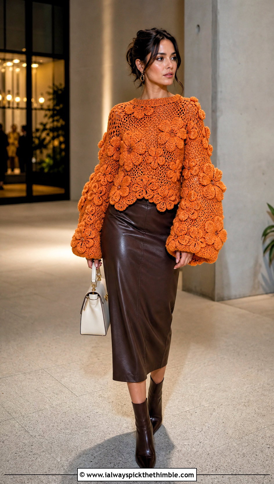 3D Flower Balloon Sleeve Freeform Crochet Sweater With Leather Skirt - 15 Freeform Crochet Sweater Ideas