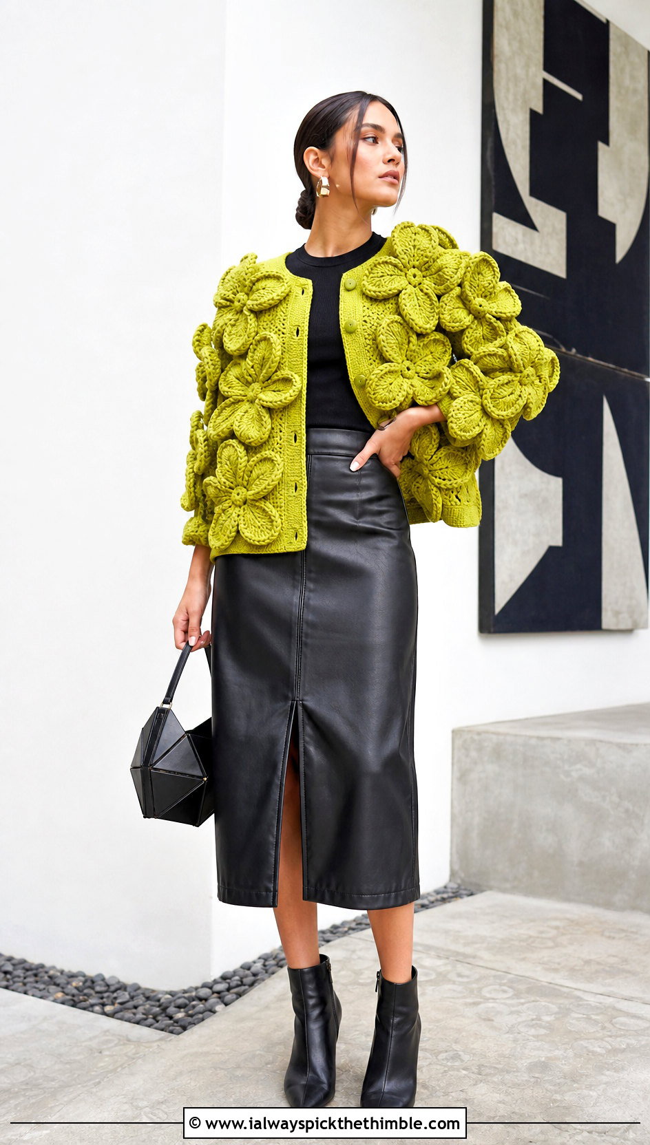 3D Flower Cardigan With Leather Midi Skirt - 20 crochet flower cardigan outfit ideas