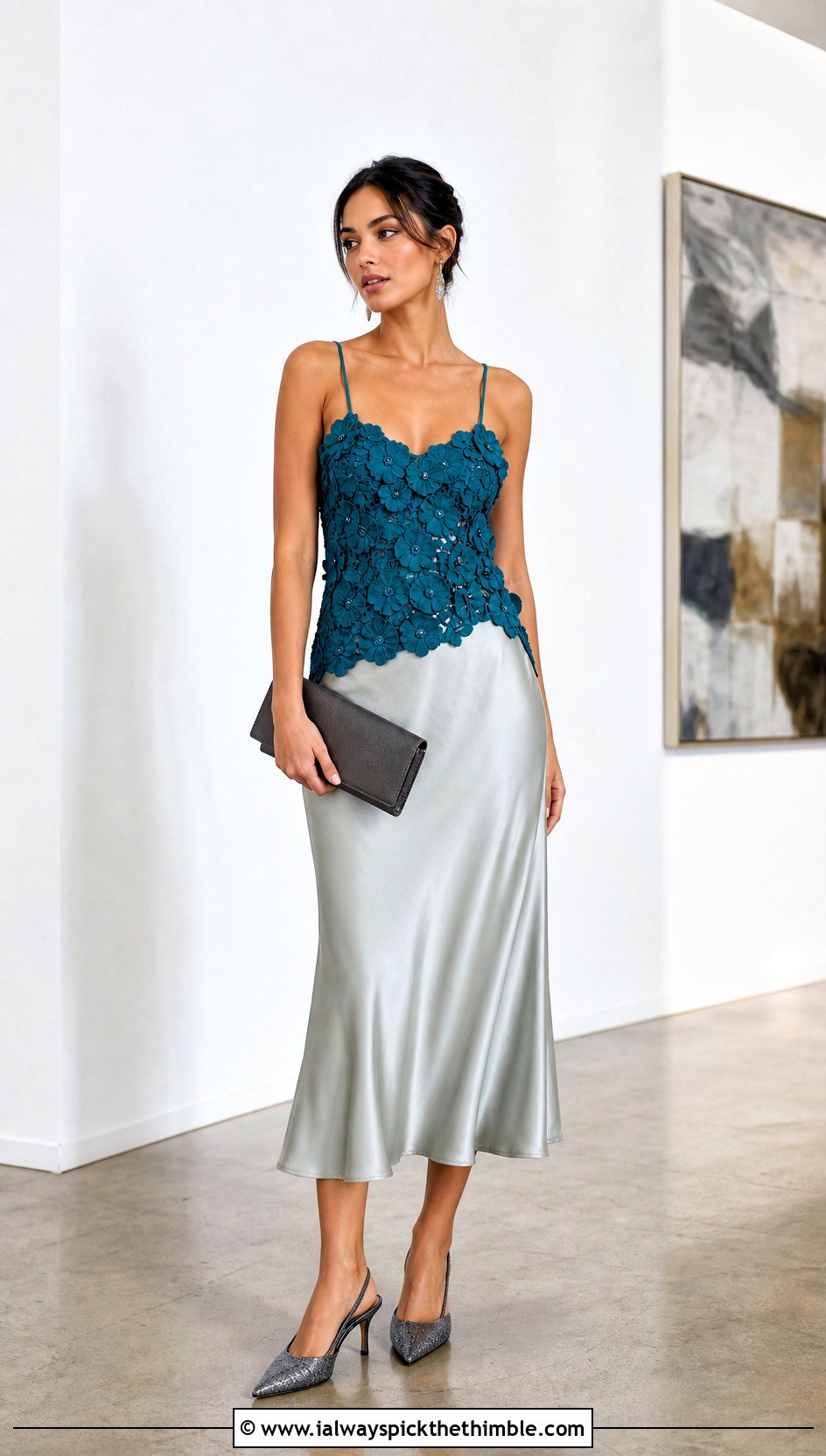 3D Flower Crochet Camisole With Satin Midi Skirt - 25 crochet floral top outfit ideas