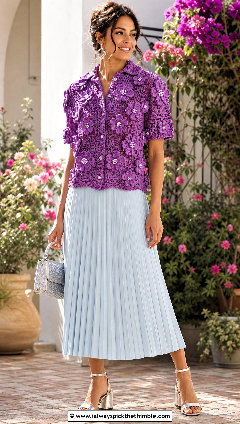 3D Flower Crochet Shirt With Pleated Midi Skirt - 25 Crochet Flower Shirt outfit ideas