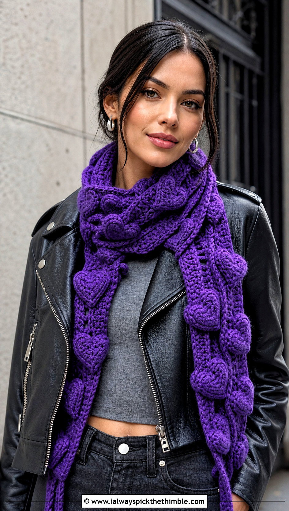 3D Heart Scarf With Leather Jacket - 20 crochet heart scarf outfit ideas