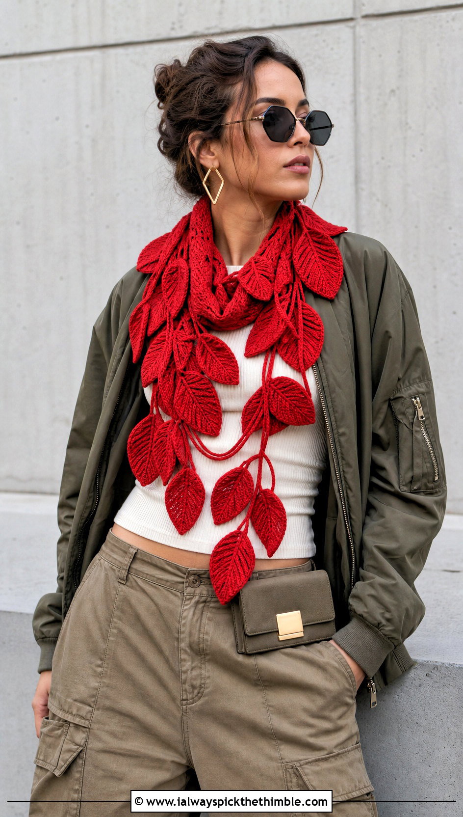 3D Leaf Applique Scarf With Bomber Jacket - 20 crochet leaf scarf outfit ideas