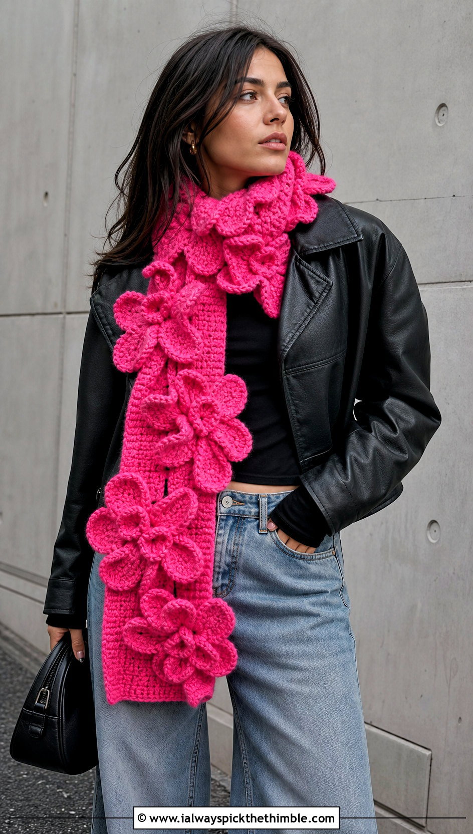 3D Petal Crochet Flower Scarf With Leather Jacket And Jeans - 25 crochet flower scarf outfit ideas