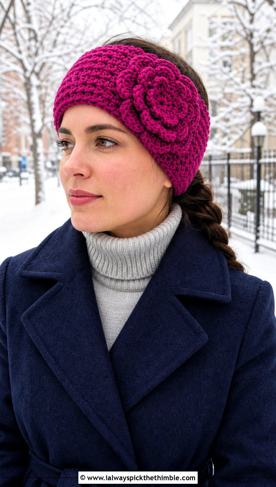 3D Petal Crochet Headband Set With Winter Coat - 15 crochet flower and headband set outfit ideas