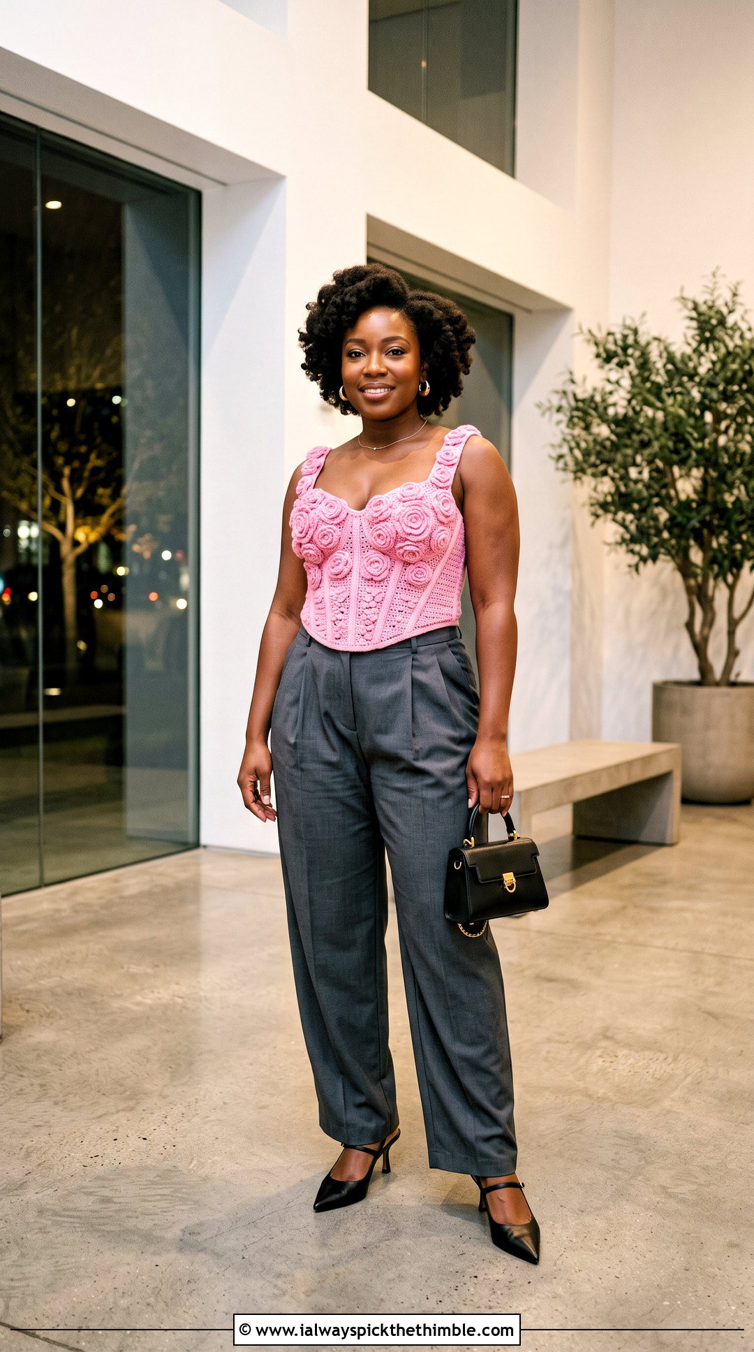 3D Rose Applique Corset Top With Tailored Trousers - 15 Flower Crochet Top outfit ideas
