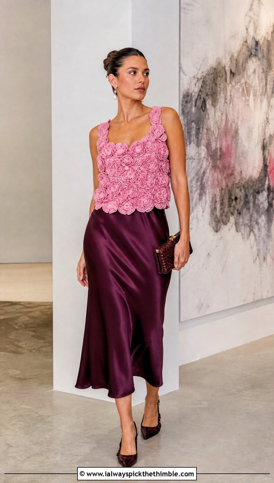 3D Rose Applique Tank Top With Satin Midi Skirt - 25 crochet flower tank top outfit ideas