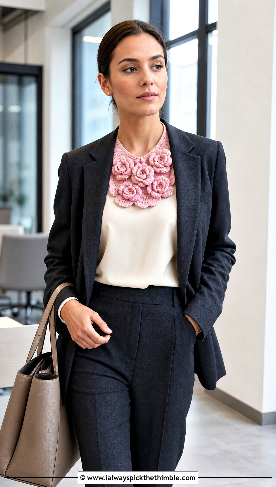 3D Rose Bib Collar With Tailored Blazer - 15 handmade floral crochet collar outfit ideas