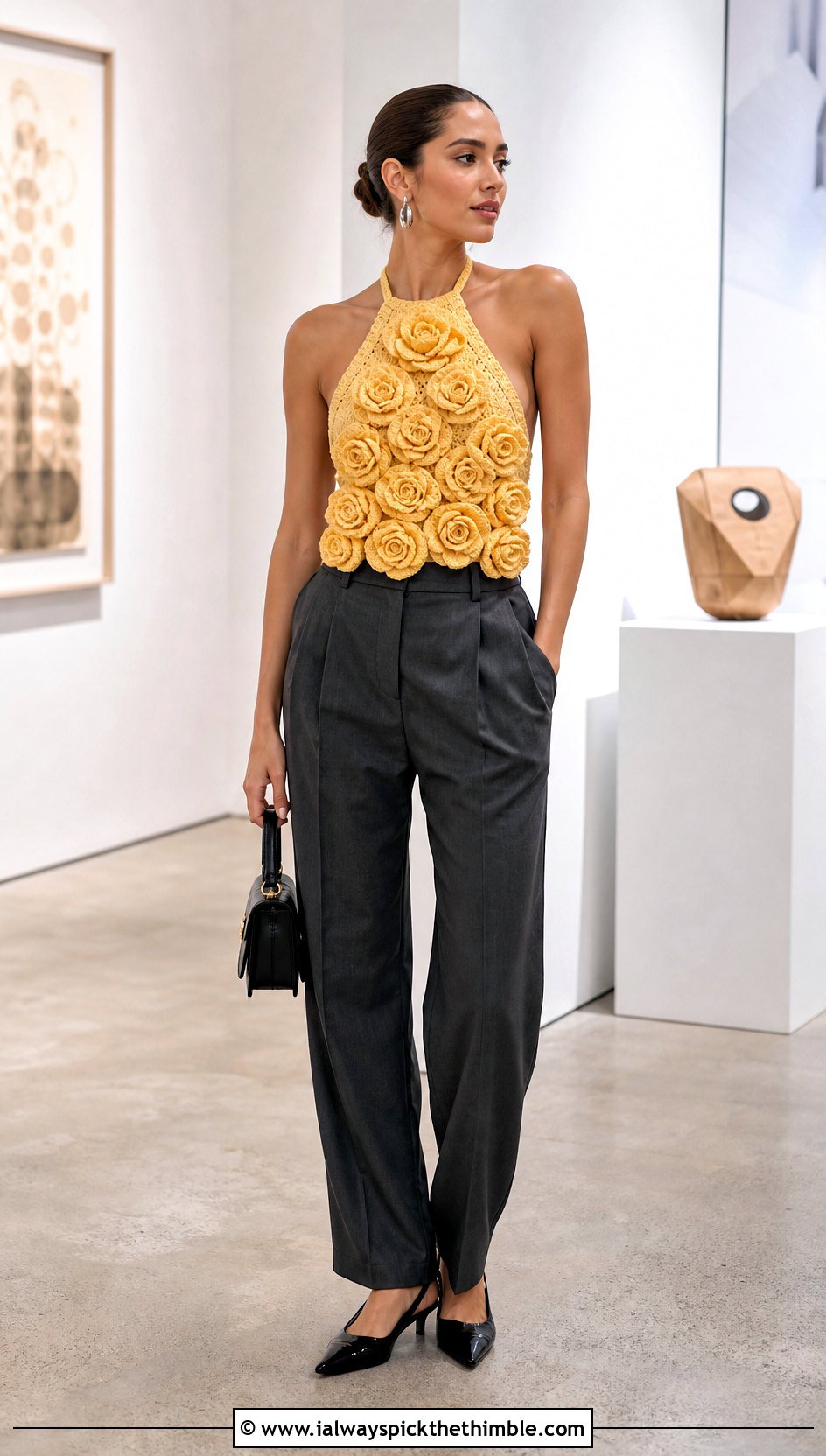 3D Rose Crochet Halter Top With Tailored Trousers - 25 crochet rose top outfit ideas