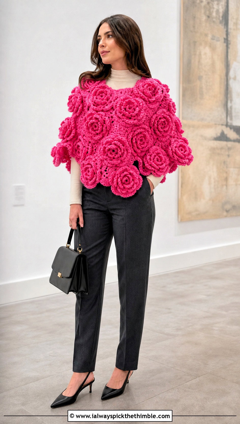 3D Rose Crochet Poncho With Tailored Trousers - 20 Crochet Flower Poncho outfit ideas