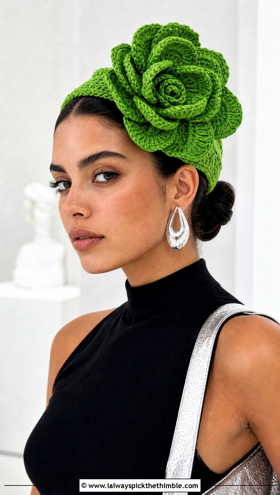 3D Rosette Crochet Flower Headband With Monochrome Party Outfit - 15 crochet lovely flower headband outfit ideas
