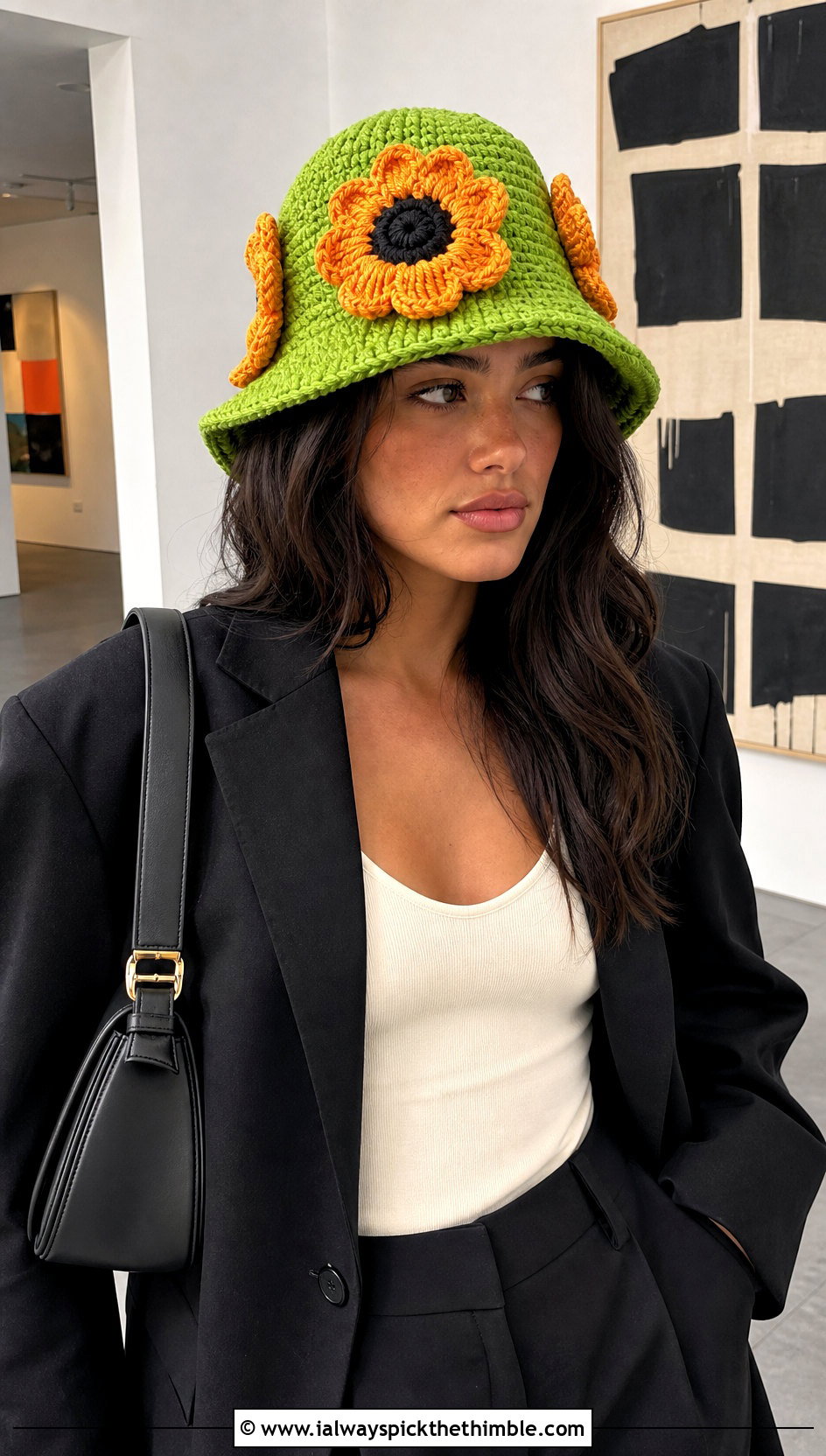 3D Sunflower Bucket Hat With Black Trouser Suit - 25 crochet sunflower bucket hat outfit ideas