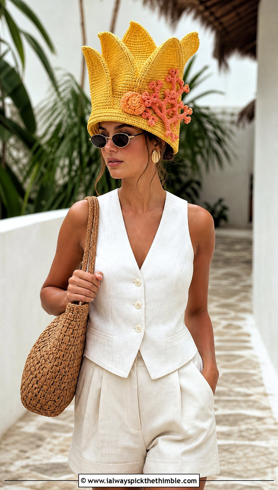 3D Tulip Petal Hat With Linen Vest And Bermuda Shorts - 20 crochet tulip hat outfit ideas