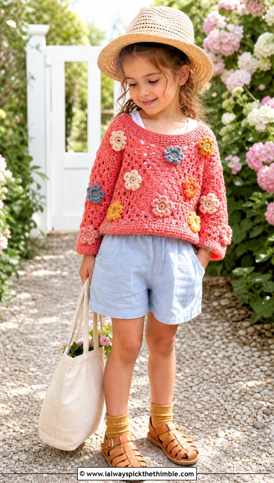 5T Floral Applique Crochet Sweater With Linen Shorts - 15 5T Crochet Sweater outfit ideas