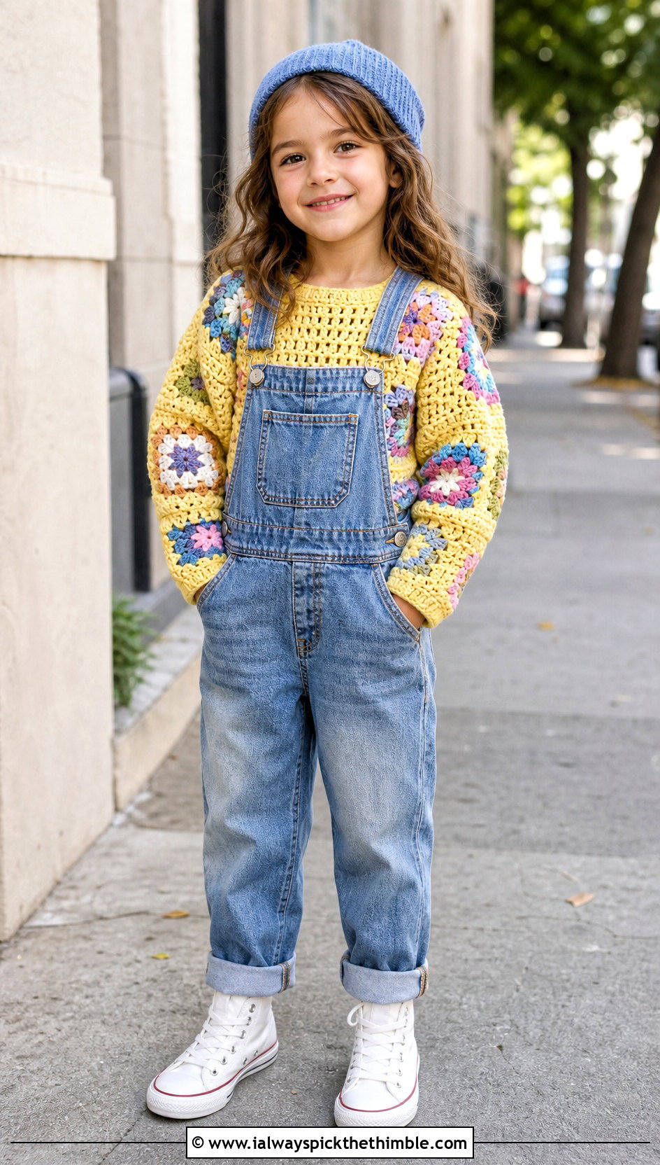 5T Granny Square Crochet Sweater With Denim Overalls - 15 5T Crochet Sweater outfit ideas