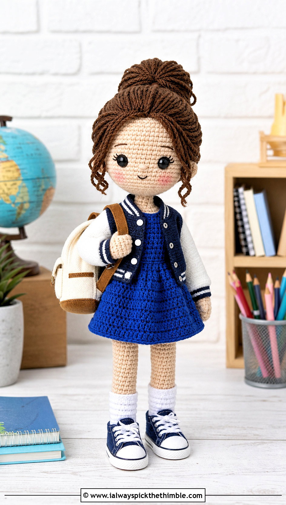 A Line Crochet Doll Dress With Varsity Jacket - 20 amigurumi crochet doll dress outfit ideas