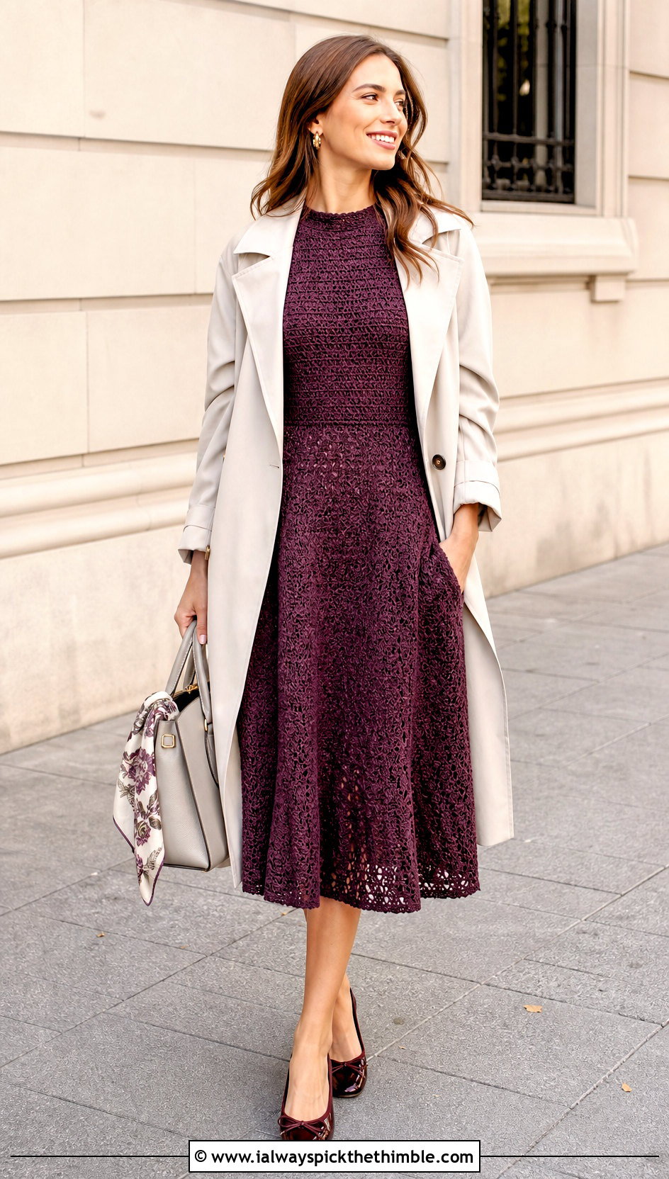 A Line Crochet Dress With Trench Coat And Ballet Flats - 25 Crocheting Dress outfit ideas