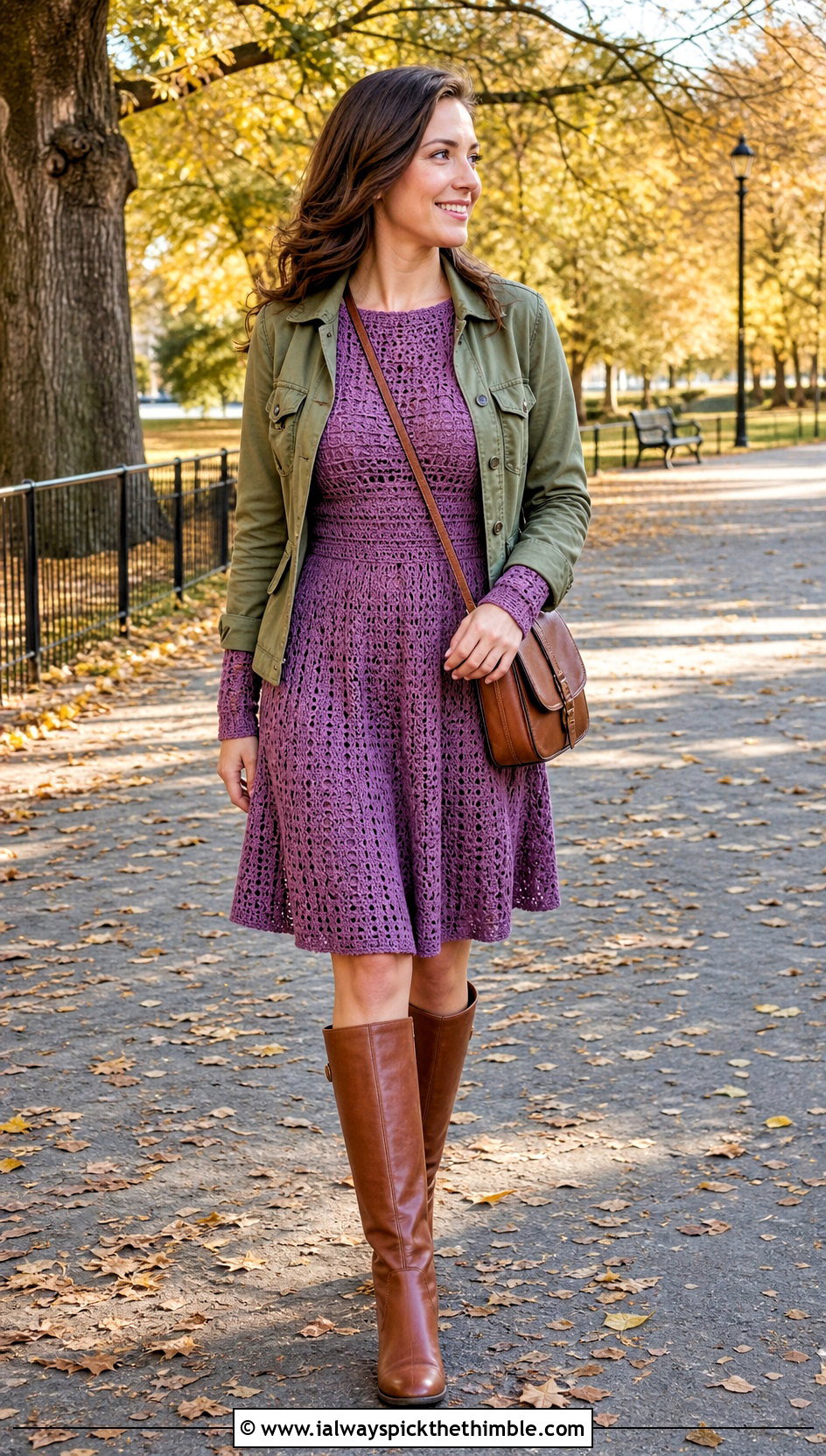 A Line Crochet Long Sleeve Dress With Riding Boots - 20 crochet long sleeve dress outfit ideas