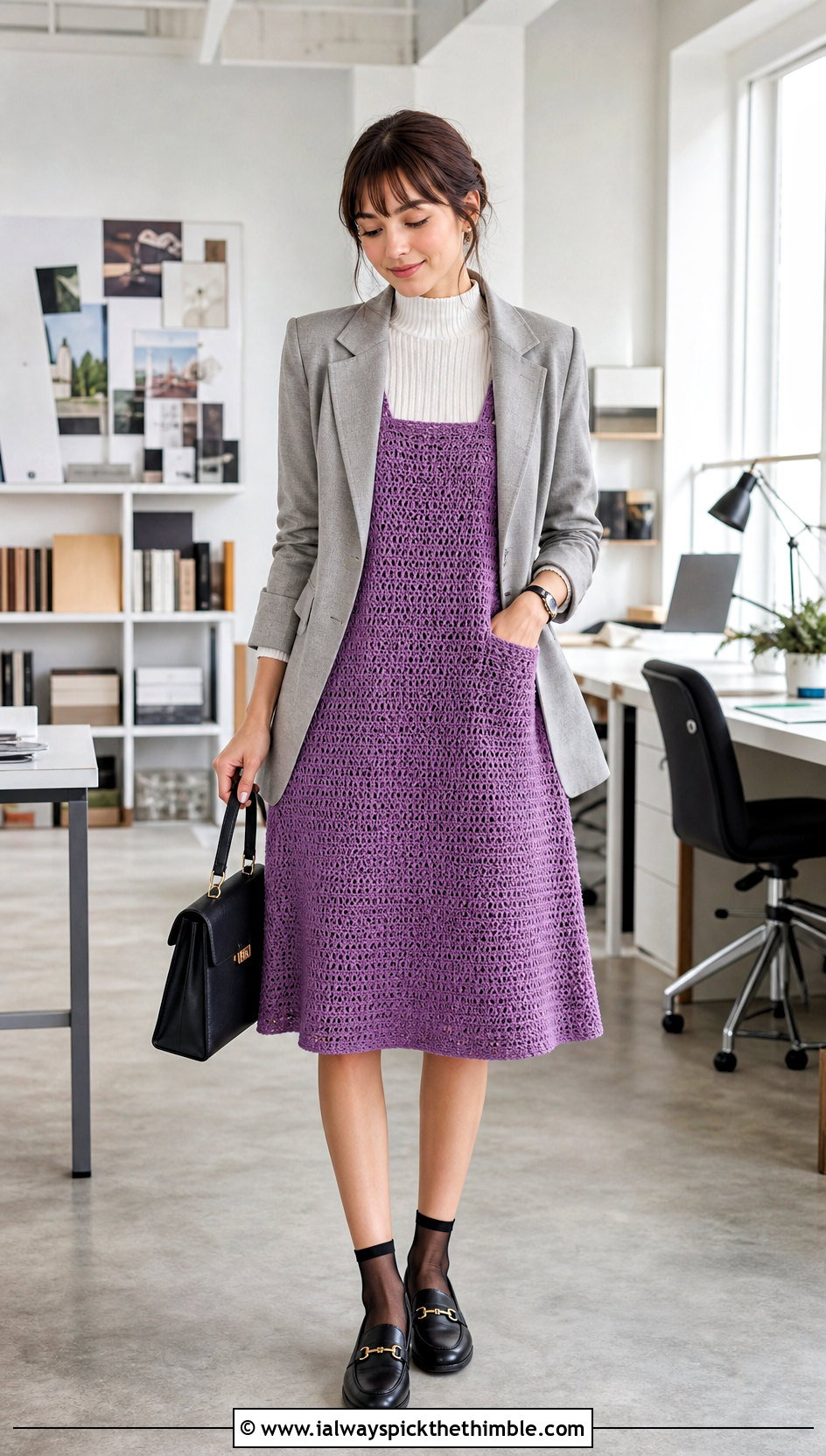A Line Crochet Pinafore Dress With Blazer - 25 Crochet Overall Dress outfit ideas